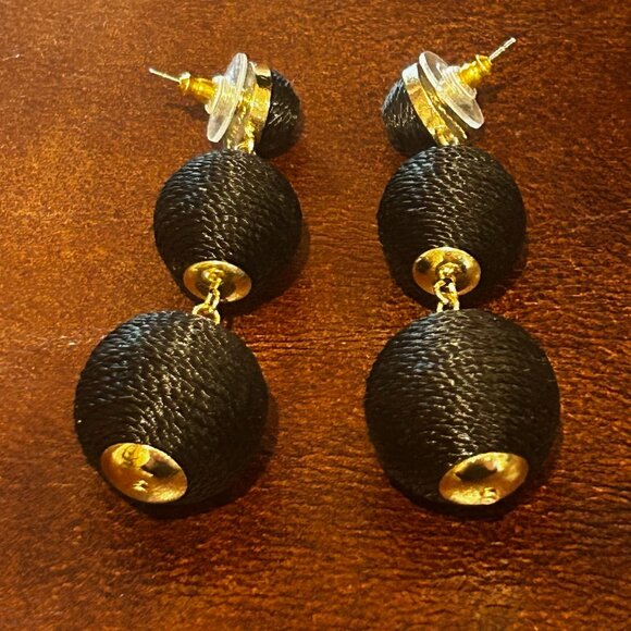 Triple Ball Drop Dangling Earrings Black and Gold - Picture 4 of 7